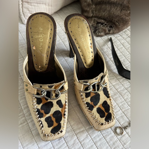 BCBG girls Vtg Y2K square toe beige animal fur clog mule heel slide 8.5 - Picture 12 of 13